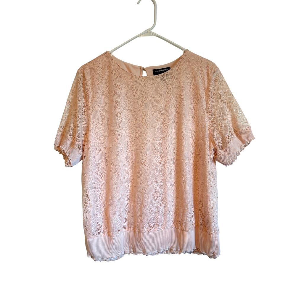 Liz Claiborne Career Pink Lace Blouse Short Sleeve Lined Ruffle XL Romantic Y2k